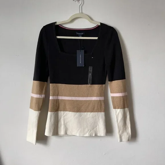 NWT Tommy Hilfiger Essential Stripe Square Neck Sweater In Black Size S - Picture 2 of 6